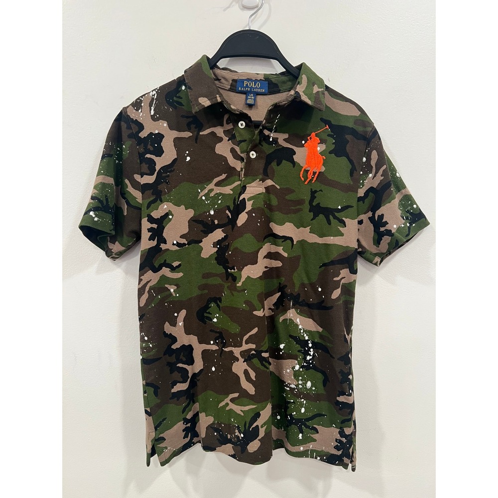 Polo Ralph Lauren Boys L 14-16 Camo Green Big Pony Paint Splatter Polo Shirt